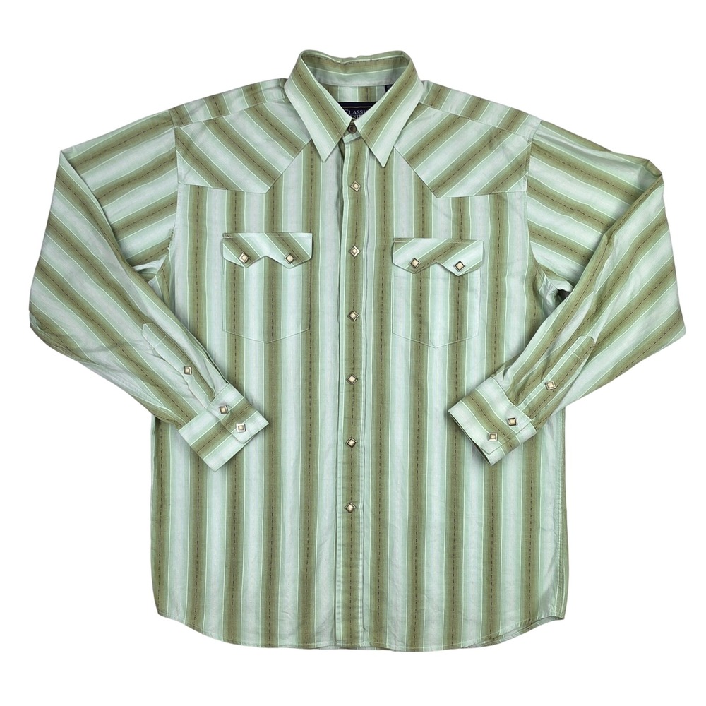 Classic Western Mens Large Green Striped Pearl Snap Long Sleeve Cotton Shirt
